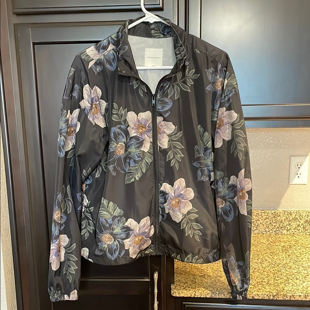 Thread & Supply Black/Floral Wind Jacket with Ribbed Cuffs